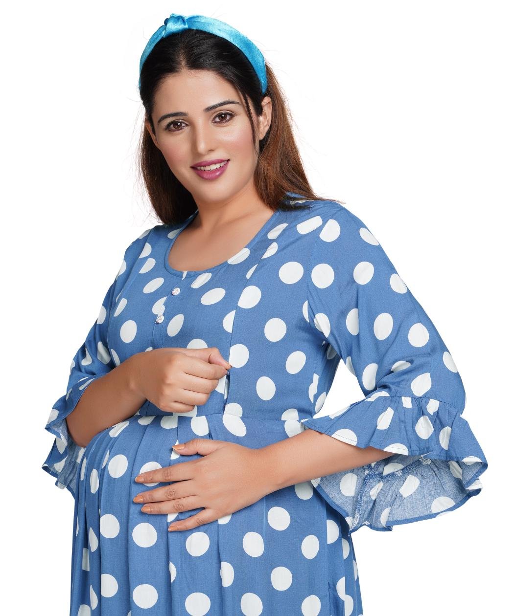 Knee length royal blue polka printed dress.
