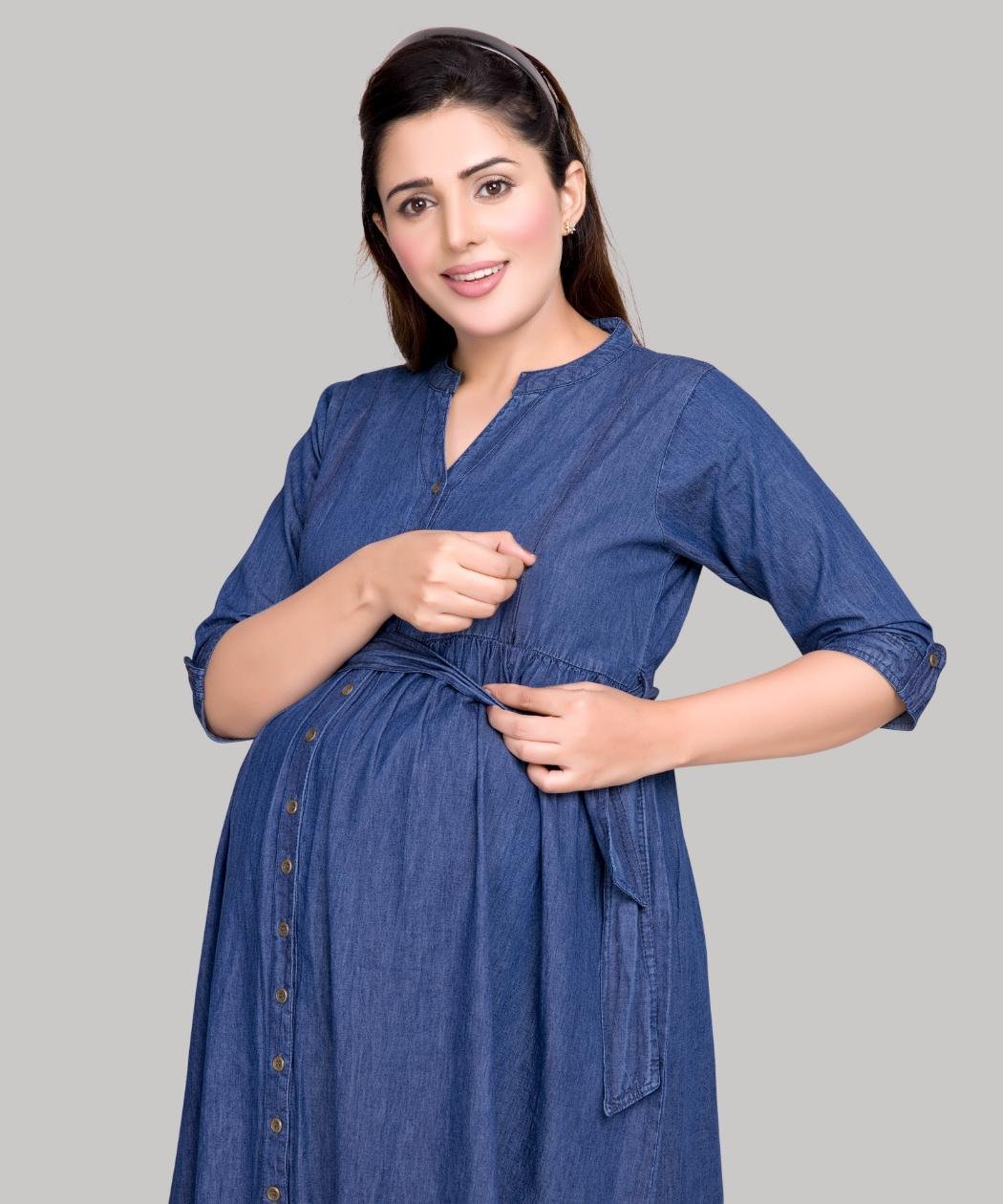 Knee length dark blue solid dress.