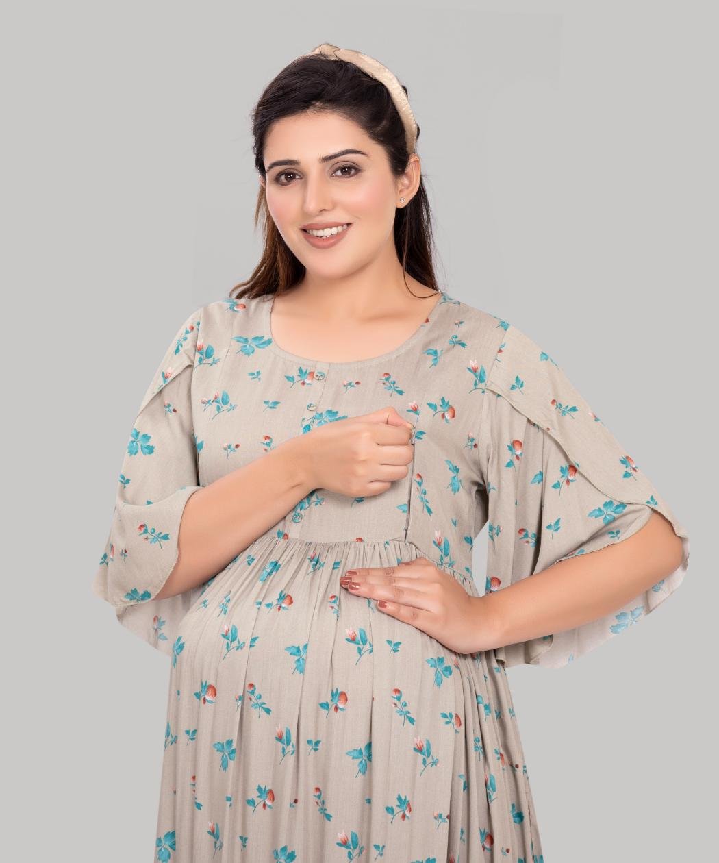 Knee length grey blue flower printed dress.