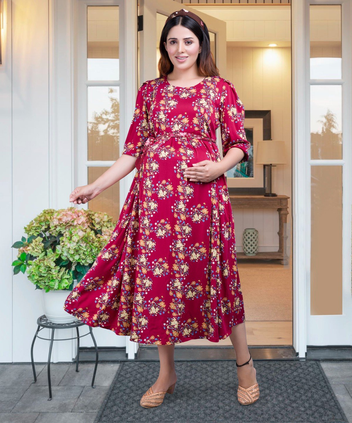 Maternity Floral Rayon Feeding/Nursing Short Length Dress